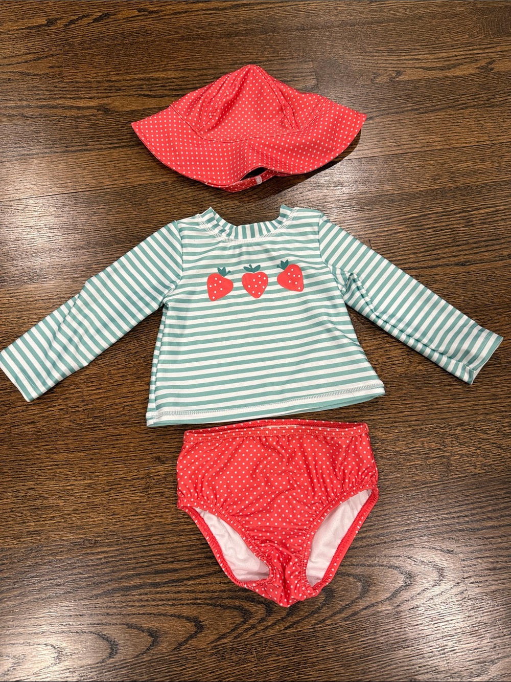 Strawberry Stripe Rash Guard Swim Set with Sun Hat 6-9 Months
